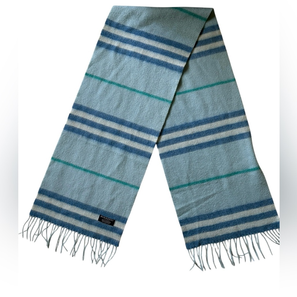 Burberry Made in England 100% Cashmere Blue and Teal Striped Fringe Scarf
